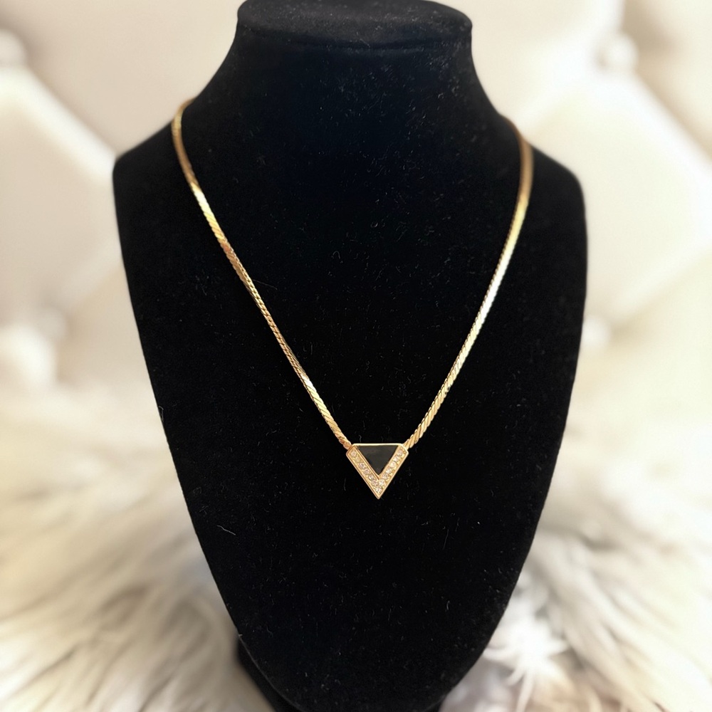 Christian Dior Goldstone Rhinestones and Black Enamel Signature "V" Necklacet